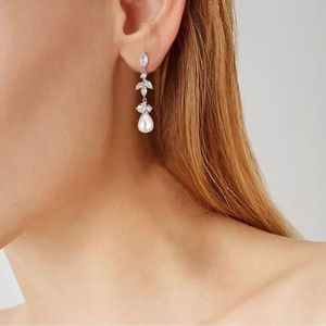 Cubic Zirconia Water Drop Pearl Dangle Bride Earrings